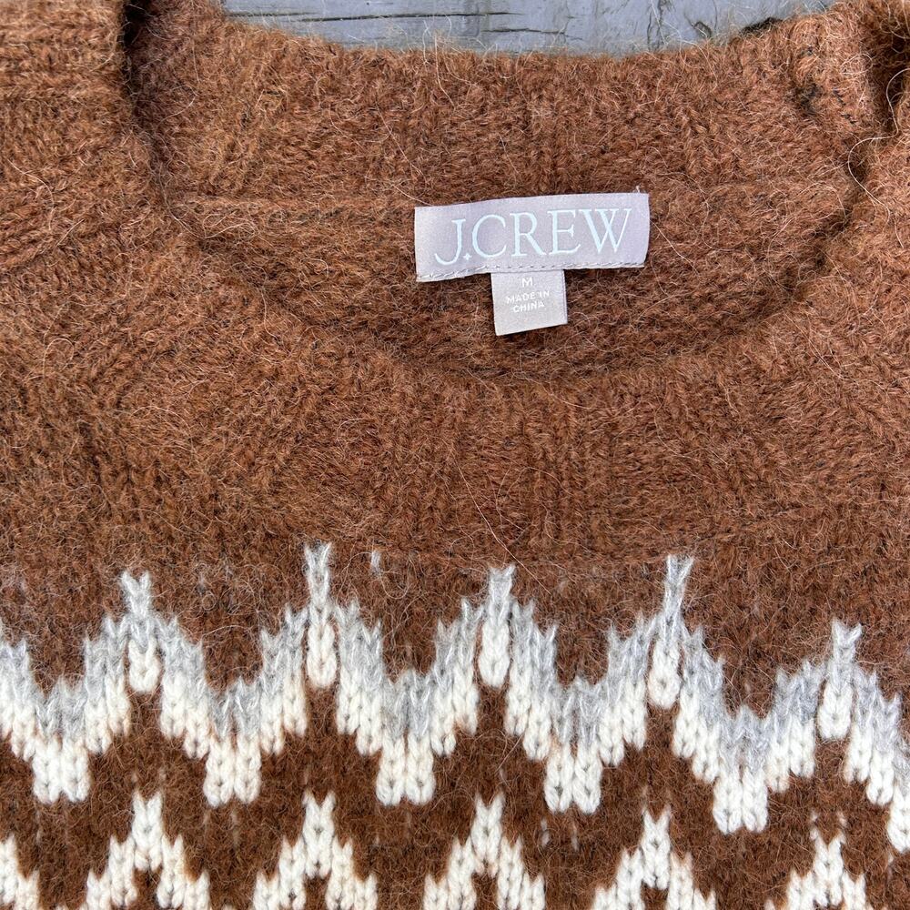 J.Crew Fair Isle Crewneck Brushed Wool Alpaca Sweater Brown Ivory Gray M BV353 - Picture 3 of 9